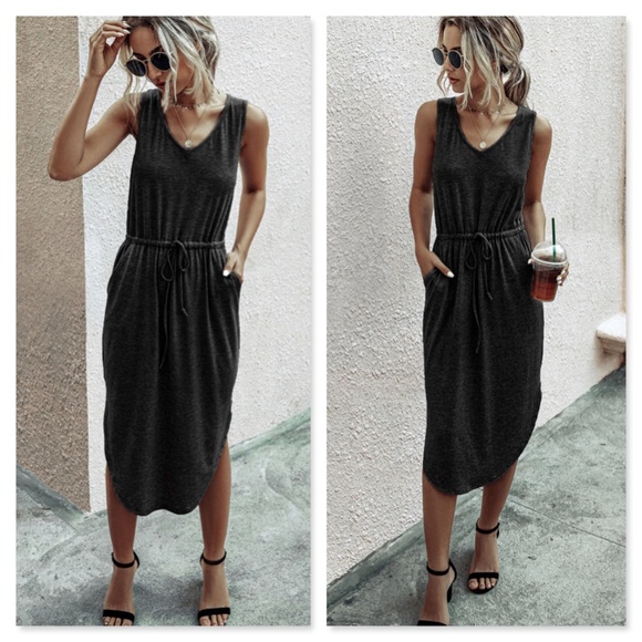 Black Drawstring Waist Midi Casual Dress - Picture 2 of 14